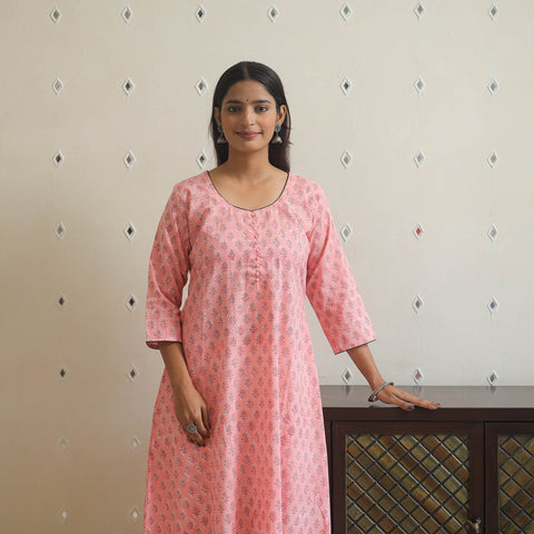 Pink Block Print Cotton A-Line Sanganeri Kurta 