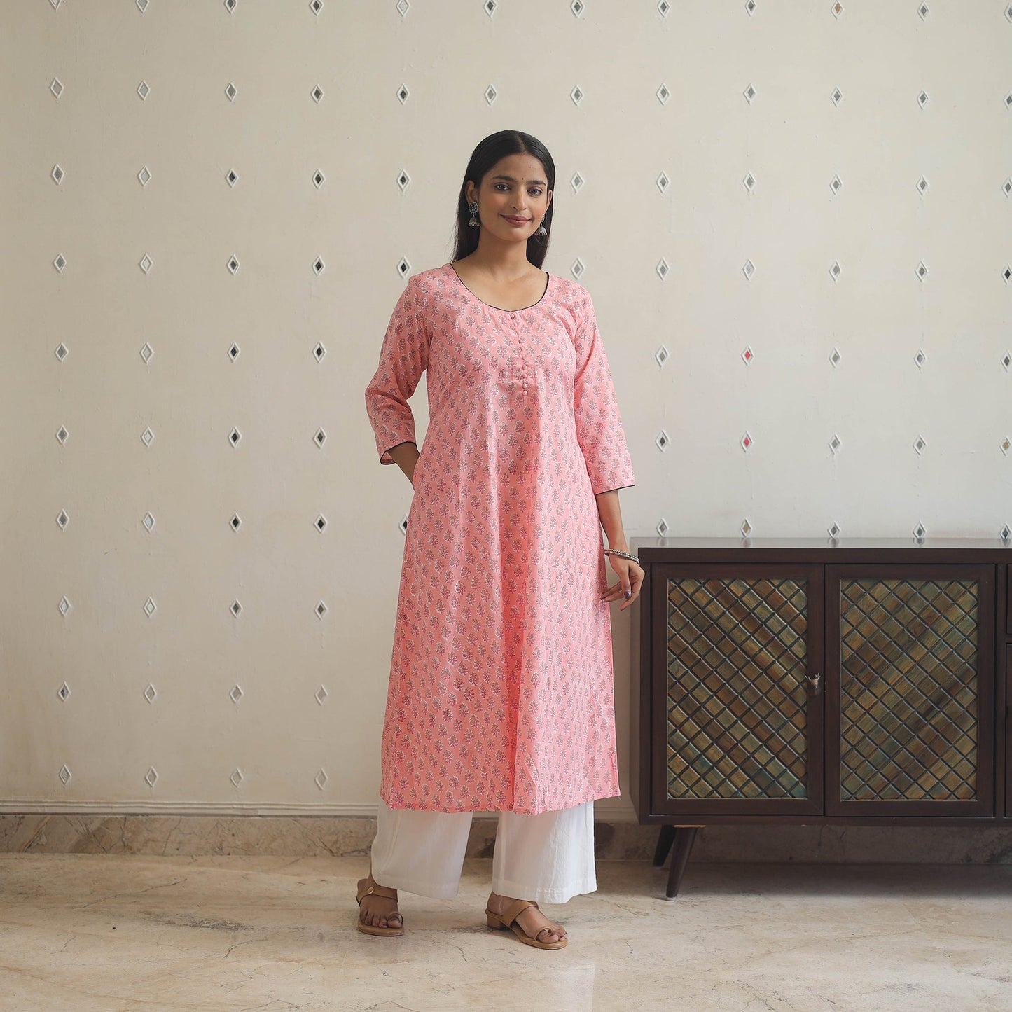 Pink Block Print Cotton A-Line Sanganeri Kurta 