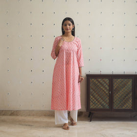 Pink Block Print Cotton A-Line Sanganeri Kurta 