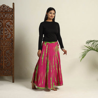  Pink Cotton Long Shibori Tie-Dye Skirt