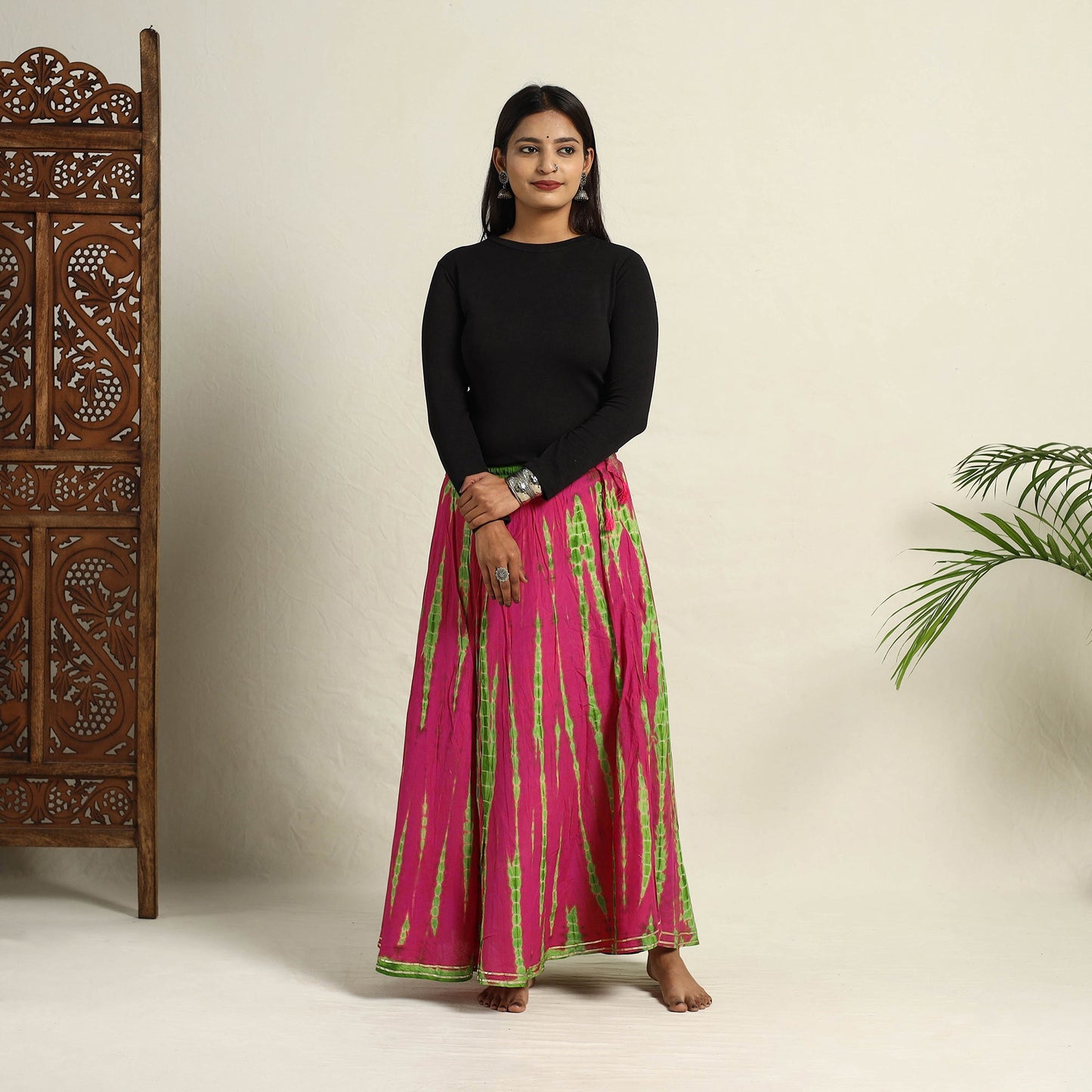  Pink Cotton Long Shibori Tie-Dye Skirt