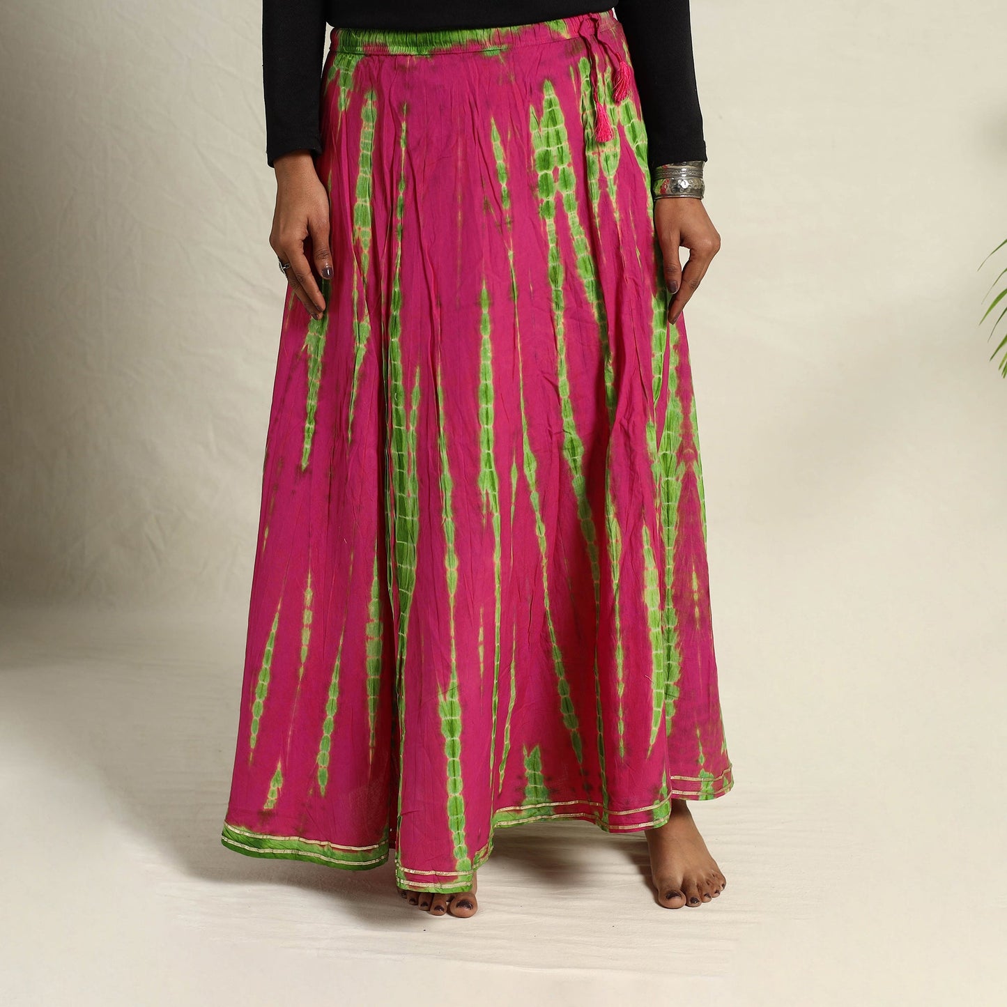  Pink Cotton Long Shibori Tie-Dye Skirt