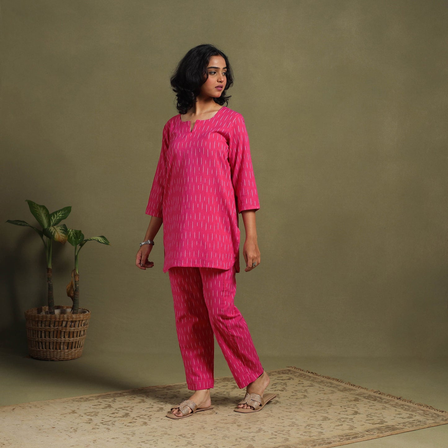 Pink Cotton Pochampally Ikat Night Suit Set