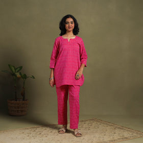 Pink Cotton Pochampally Ikat Night Suit Set