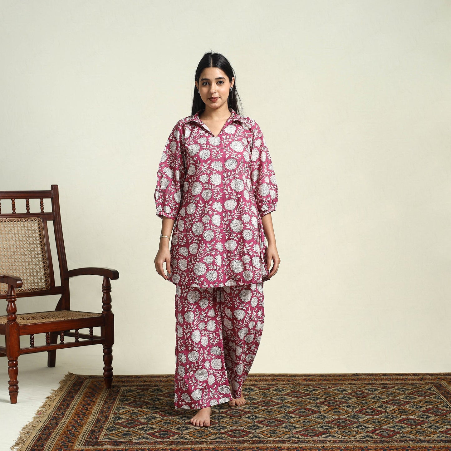 Buy Cotton  Pink Sanganeri Block Print Night Suit Set Online 