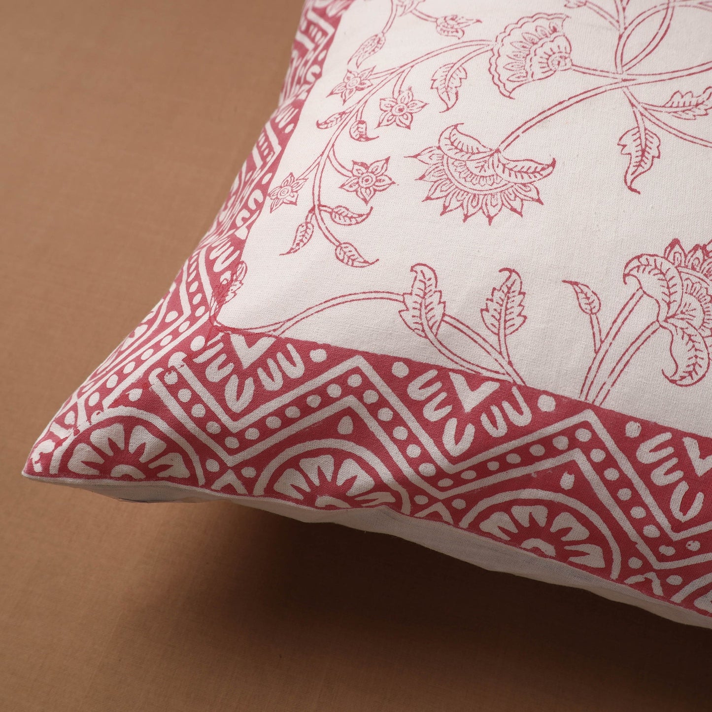 Pink Block Print Cotton Sanganeri Cushion Cover