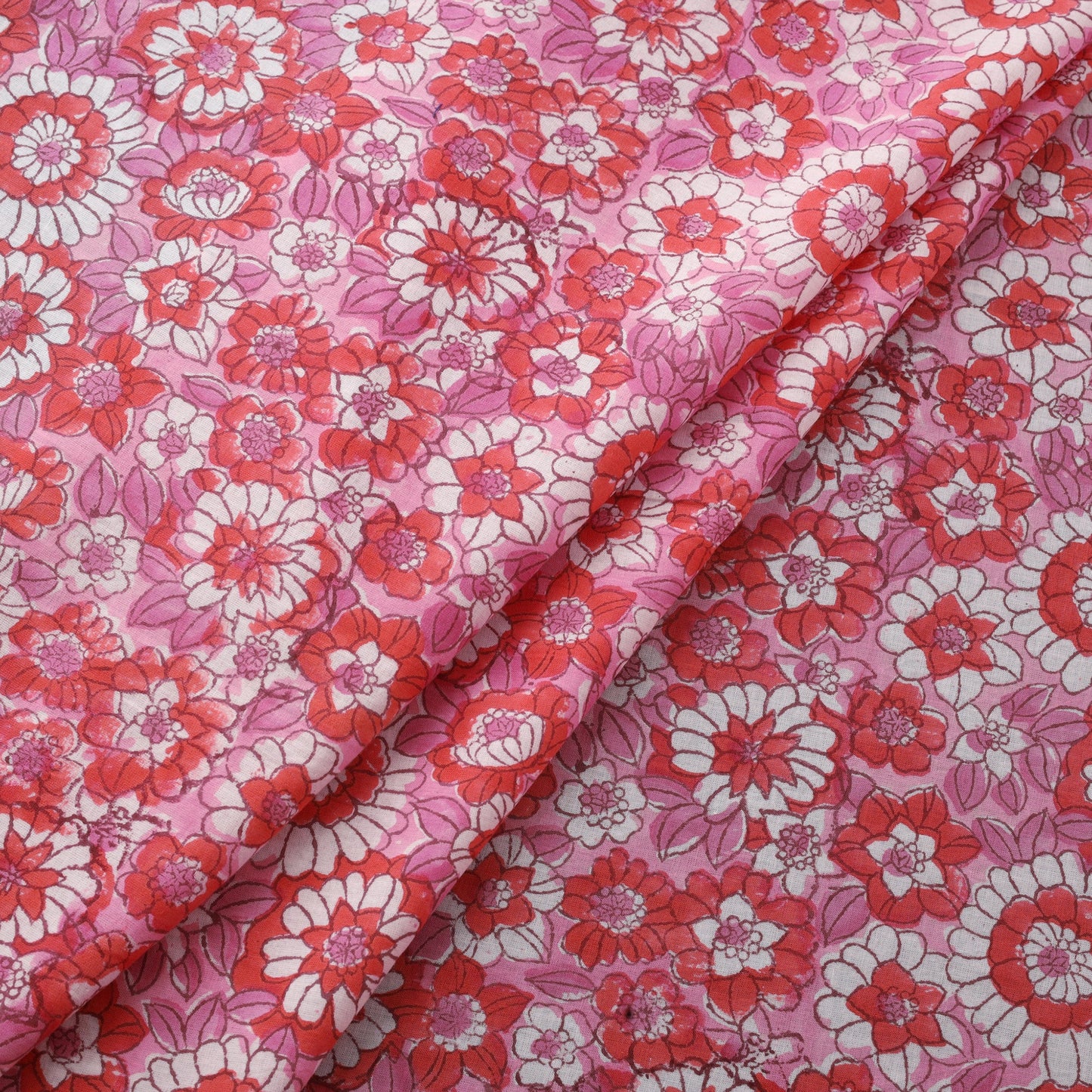 Pink Block Print Cotton Sanganeri Fabric