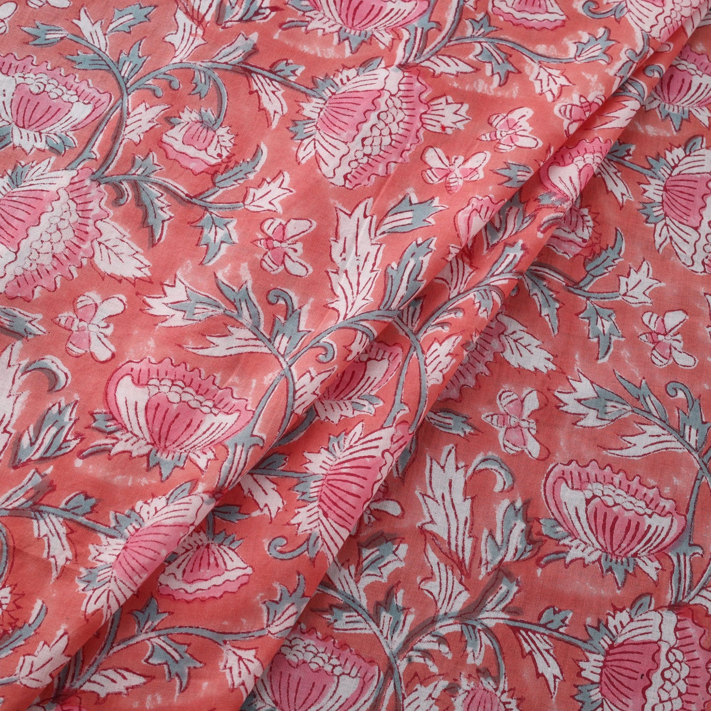Pink Block Print Cotton Sanganeri Fabric
