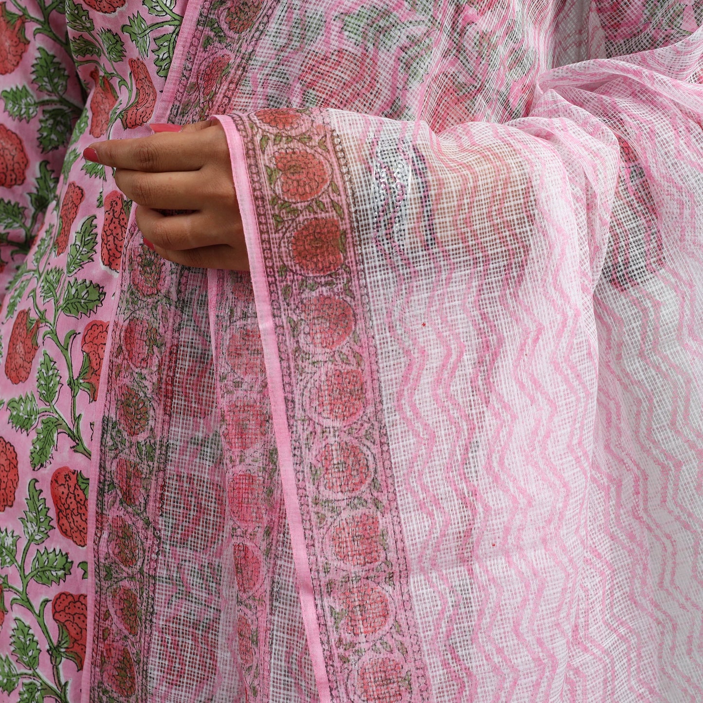 Pink Block Print Cotton Sanganeri Kurta Set