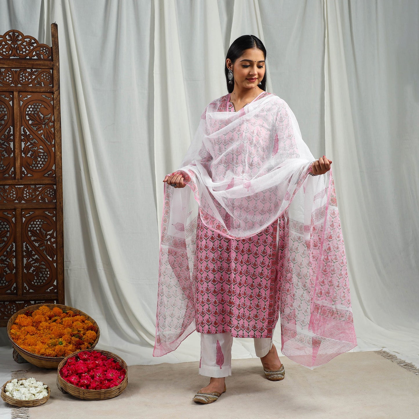 Pink Block Print Cotton Sanganeri Kurta Set