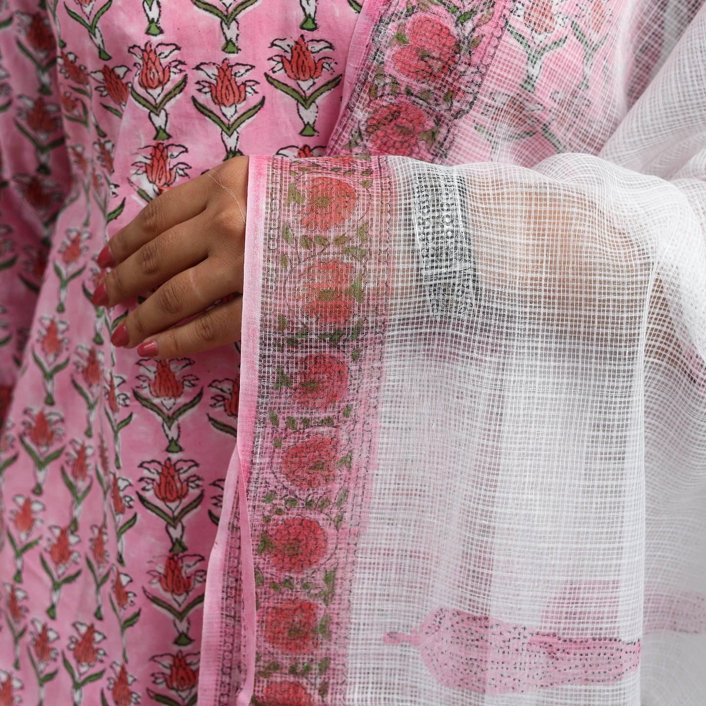 Pink Block Print Cotton Sanganeri Kurta Set