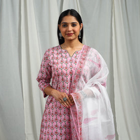 Pink Block Print Cotton Sanganeri Kurta Set