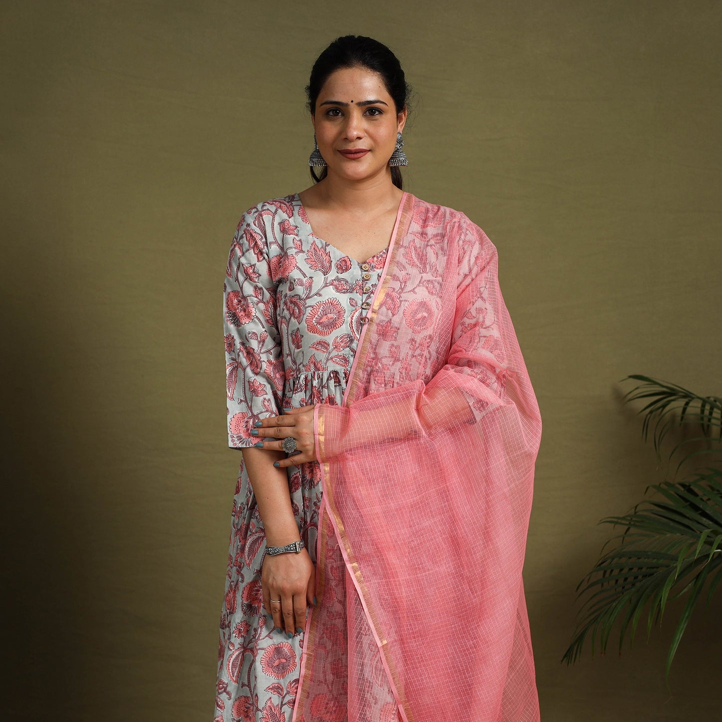 Buy Pink Block Print Cotton Sanganeri Kurta Set (Set of 3)