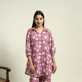Buy Cotton  Pink Sanganeri Block Print Night Suit Set Online 