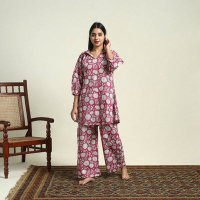 Buy Cotton  Pink Sanganeri Block Print Night Suit Set Online 