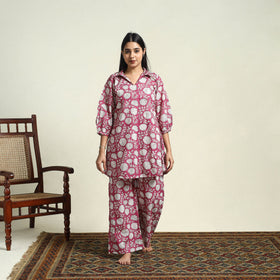 Buy Cotton  Pink Sanganeri Block Print Night Suit Set Online 