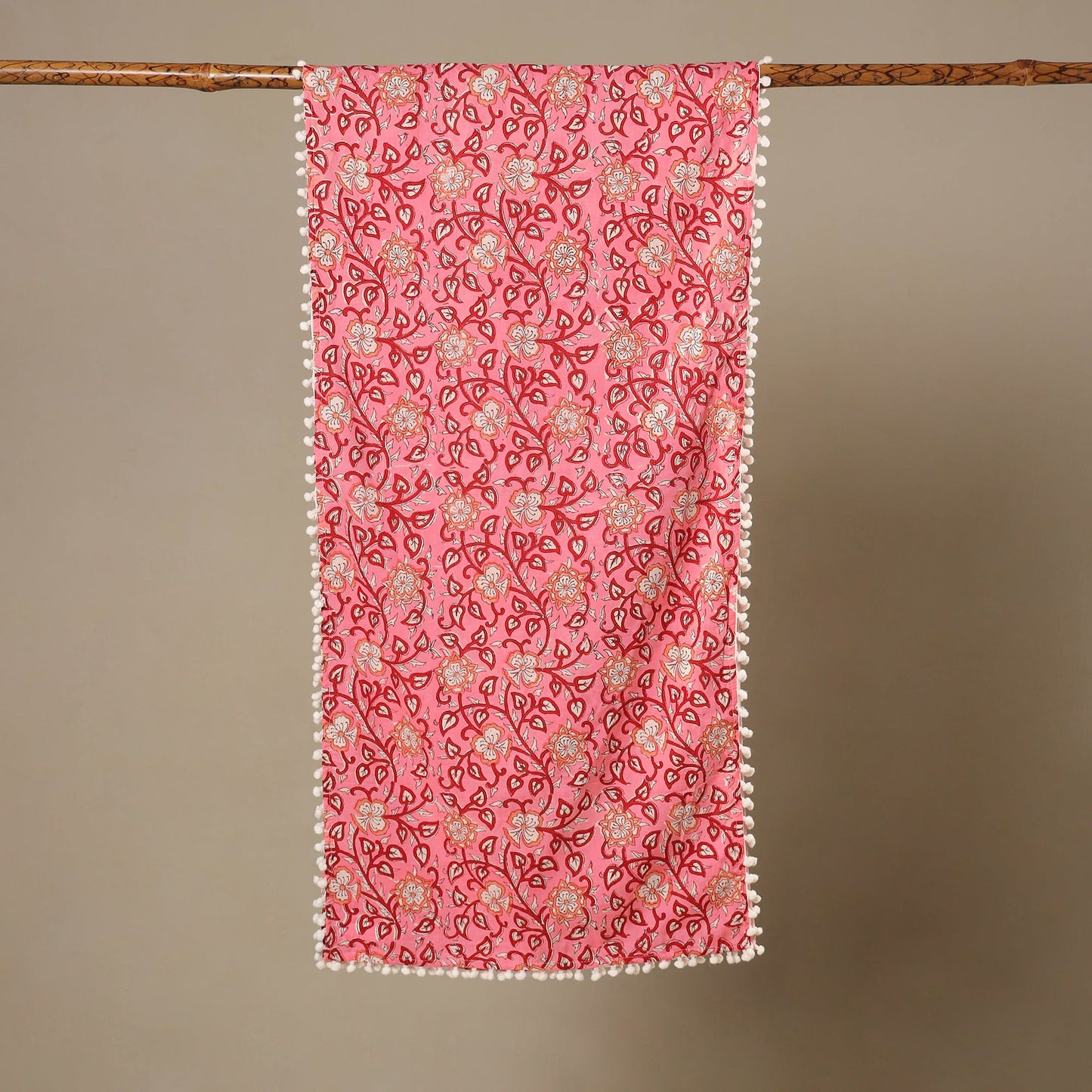 Pink - cotton sanganeri stole with pom 09 - handcrafted