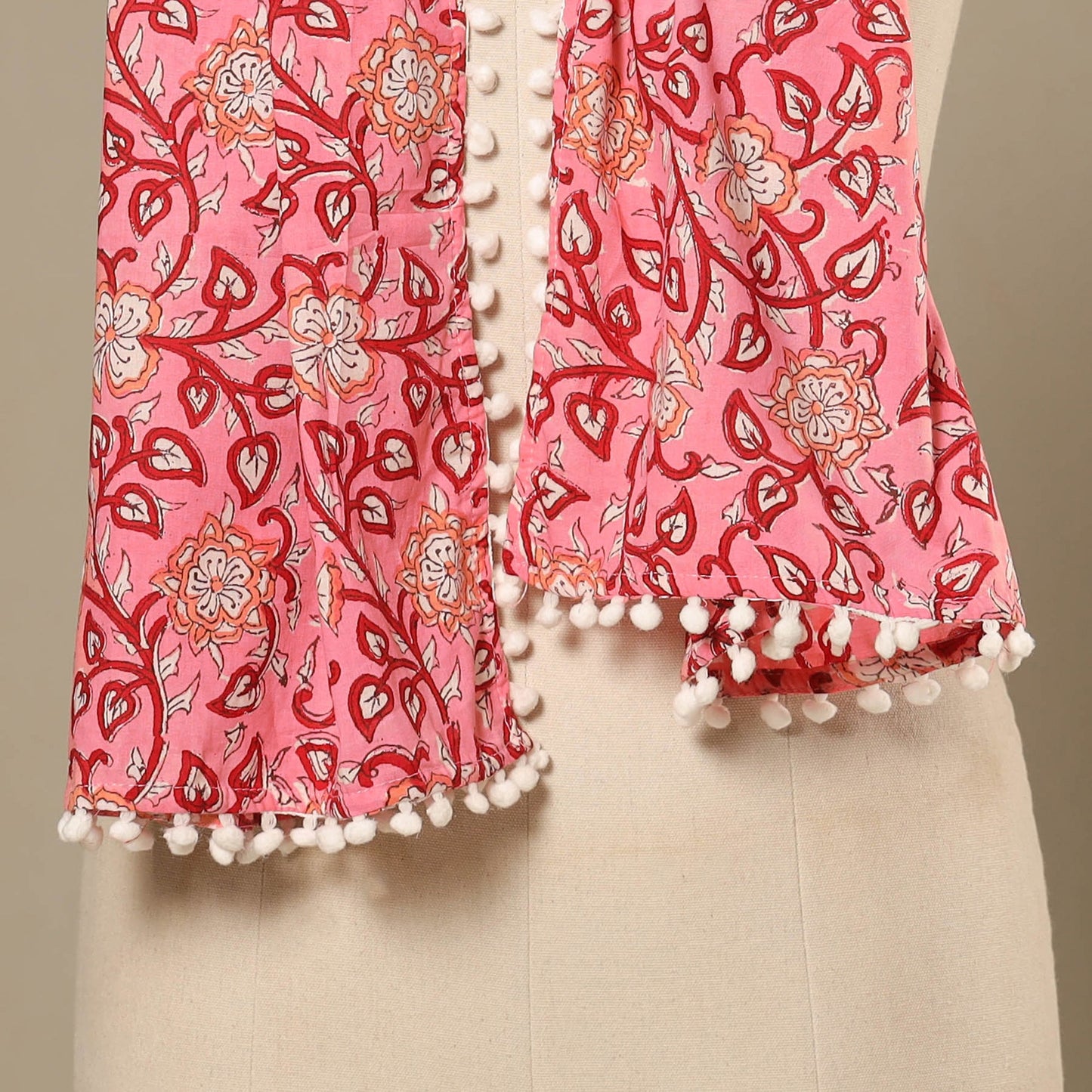 Pink - cotton sanganeri stole with pom 09 - handcrafted