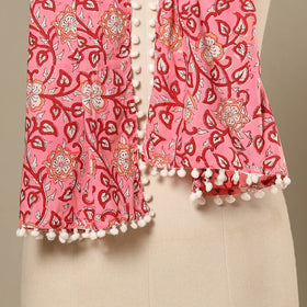 Pink - cotton sanganeri stole with pom 09 - handcrafted