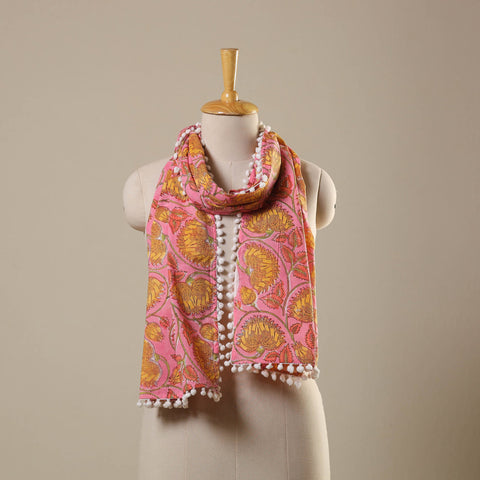 Pink Block Print Cotton Sanganeri Stole with Pom Pom