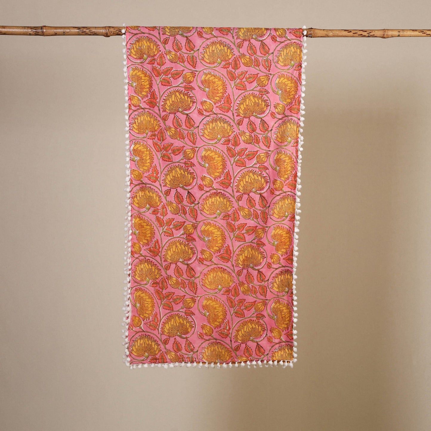 Pink Block Print Cotton Sanganeri Stole with Pom Pom