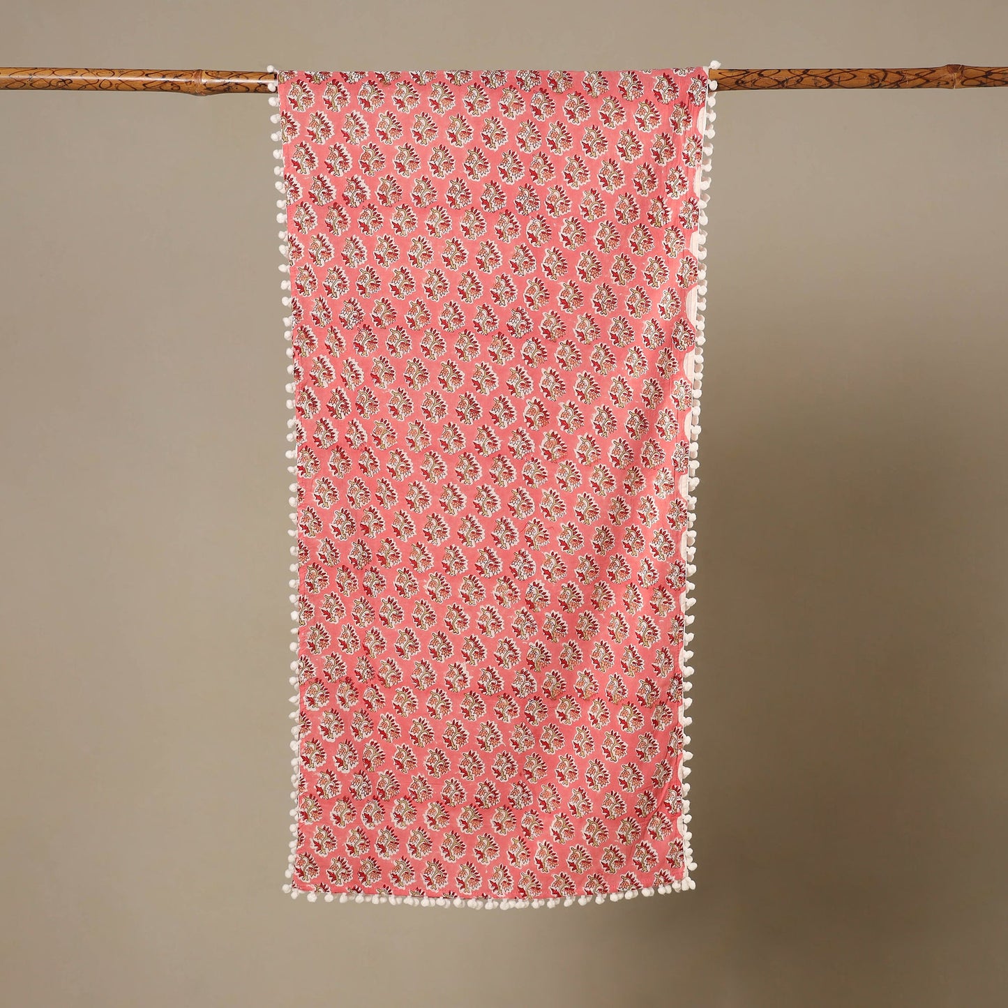 Pink Block Print Cotton Sanganeri Stole with Pom Pom