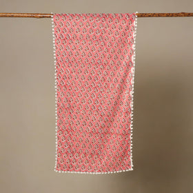 Pink Block Print Cotton Sanganeri Stole with Pom Pom