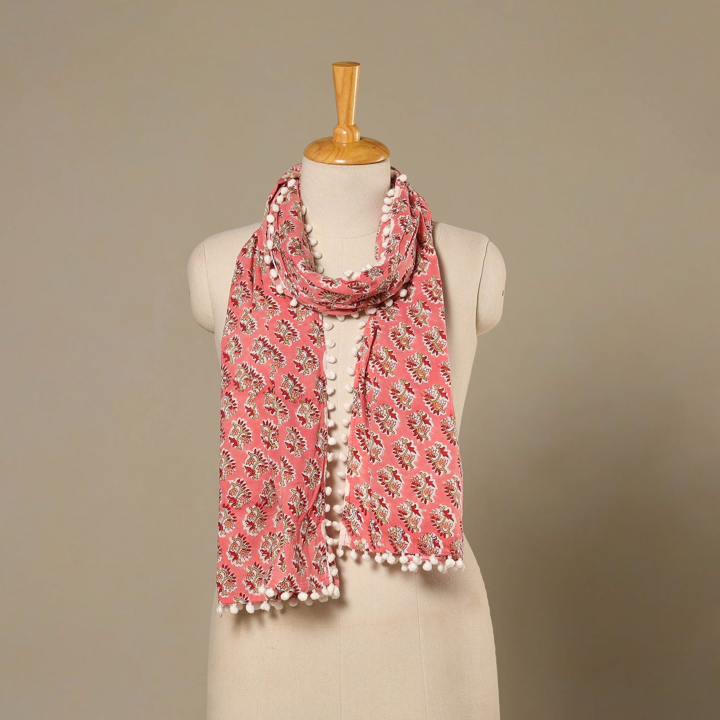 Pink Block Print Cotton Sanganeri Stole with Pom Pom