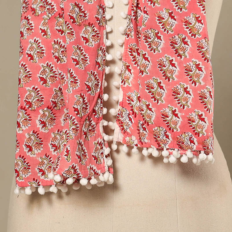 Pink Block Print Cotton Sanganeri Stole with Pom Pom