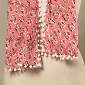 Pink Block Print Cotton Sanganeri Stole with Pom Pom