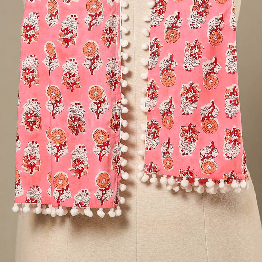 Pink Block Print Cotton Sanganeri Stole with Pom Pom