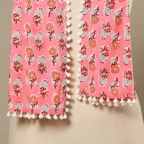 Pink Block Print Cotton Sanganeri Stole with Pom Pom