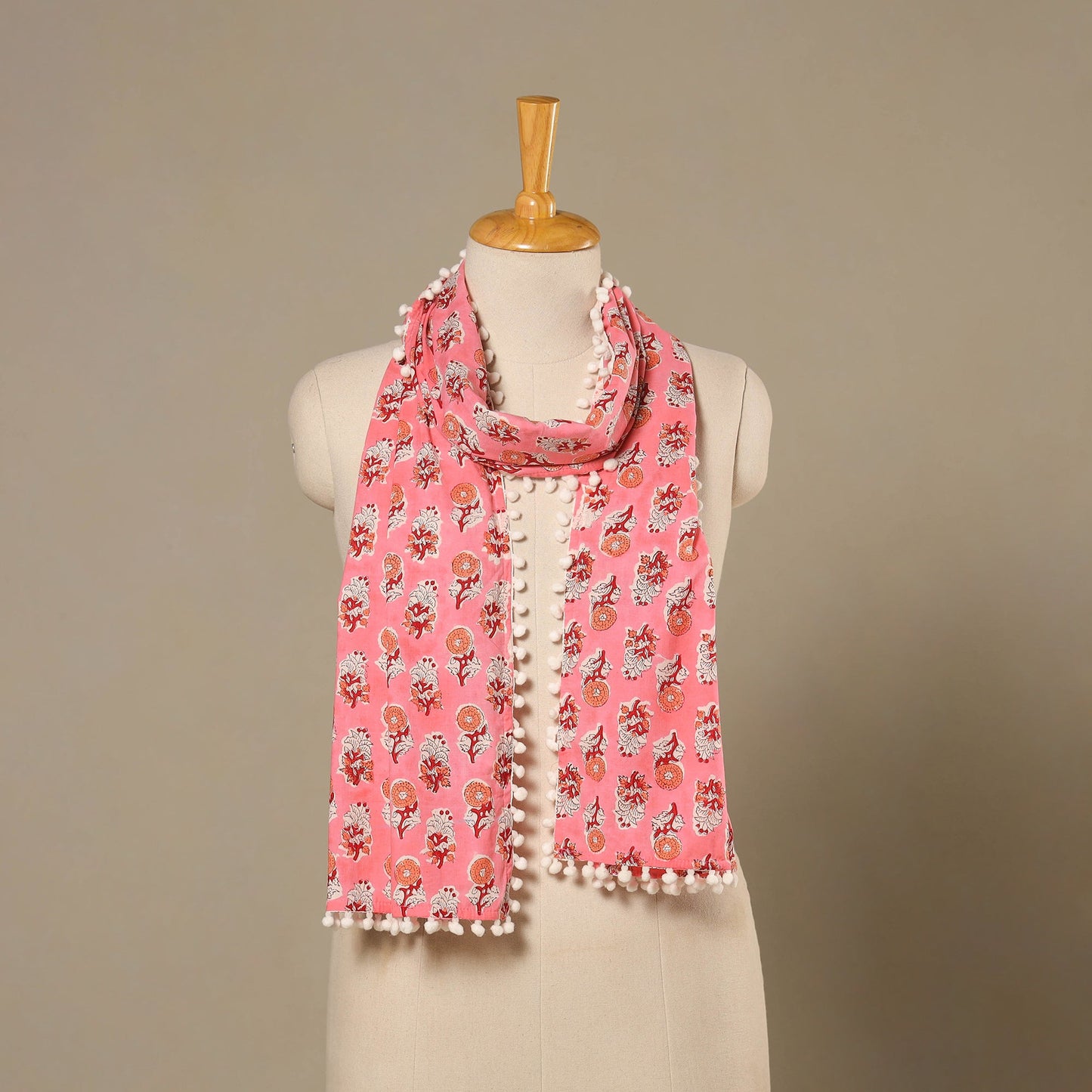 Pink Block Print Cotton Sanganeri Stole with Pom Pom
