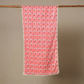 Pink Block Print Cotton Sanganeri Stole with Pom Pom