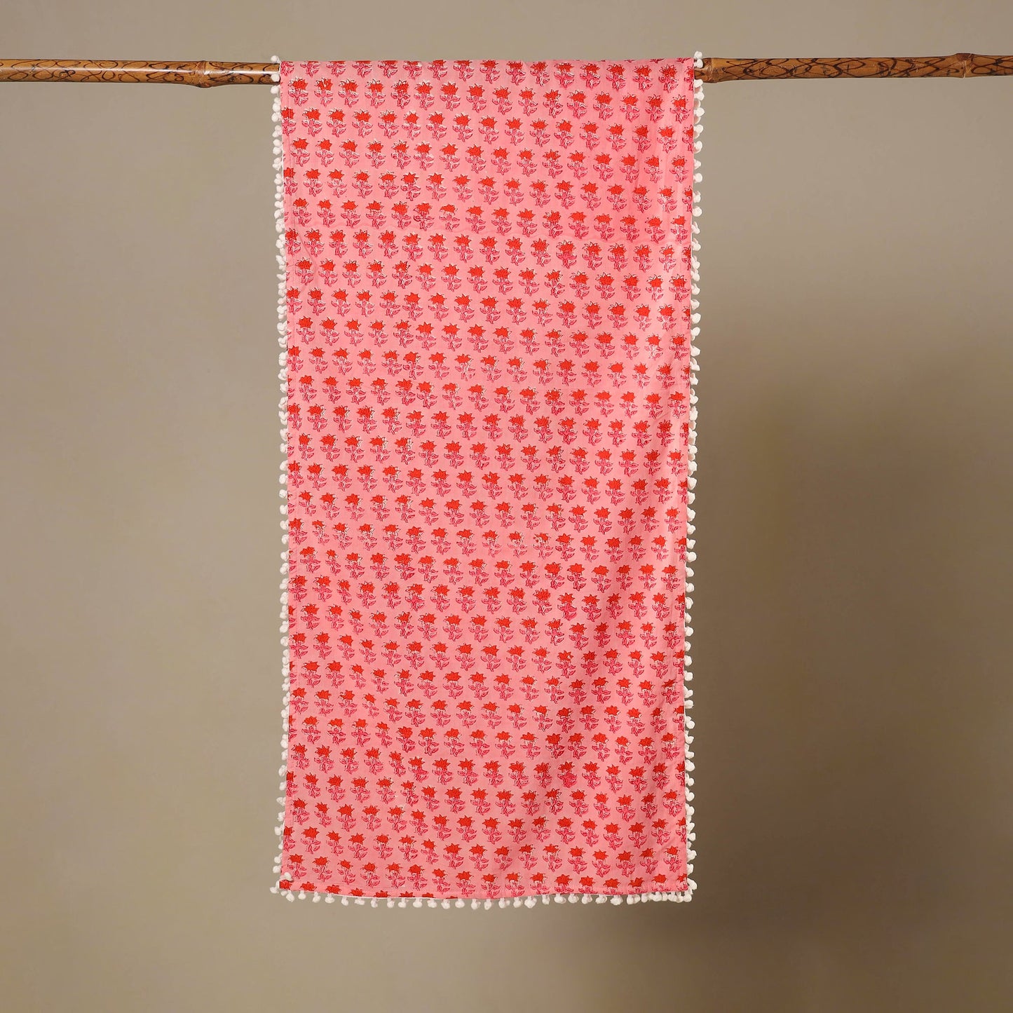 Pink Block Print Cotton Sanganeri Stole with Pom Pom