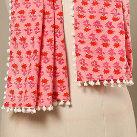 Pink Block Print Cotton Sanganeri Stole with Pom Pom