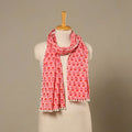 Pink Block Print Cotton Sanganeri Stole with Pom Pom