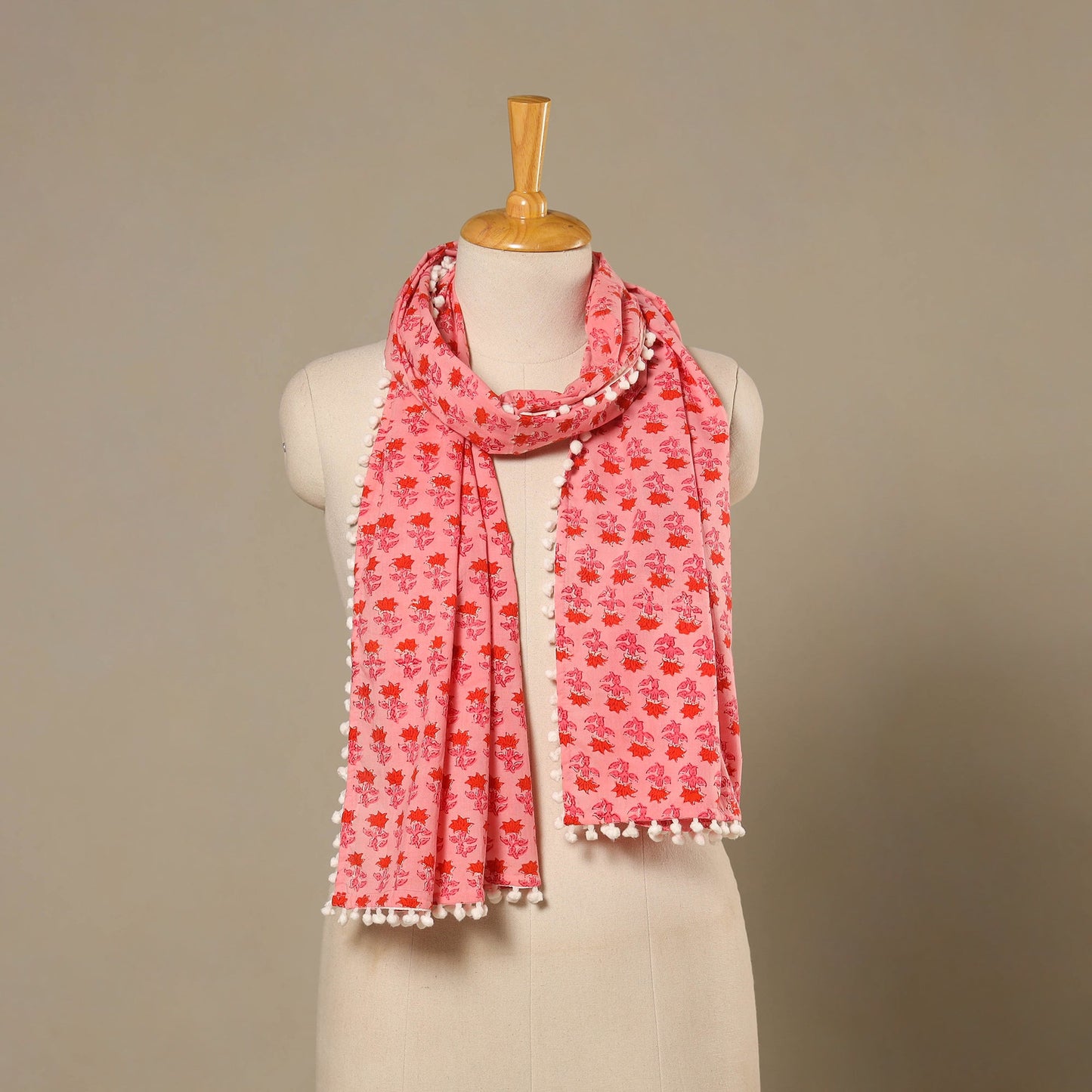 Pink Block Print Cotton Sanganeri Stole with Pom Pom