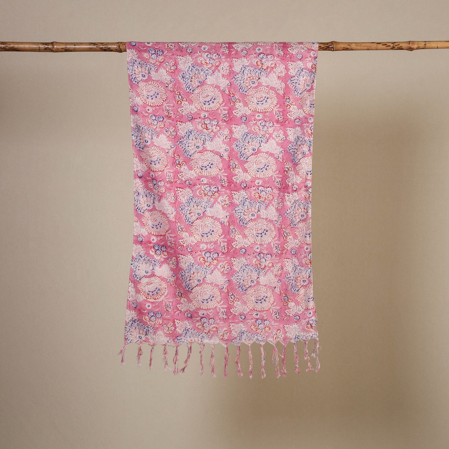 Pink Block Print Cotton Sanganeri Stole with Tassels