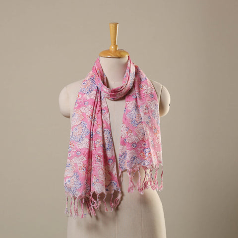 Pink Block Print Cotton Sanganeri Stole with Tassels