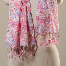 Pink Block Print Cotton Sanganeri Stole with Tassels