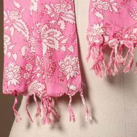 Pink - cotton sanganeri stole with tassels 10 - handcrafted