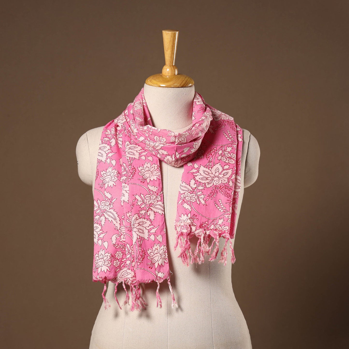 Pink - cotton sanganeri stole with tassels 10 - handcrafted