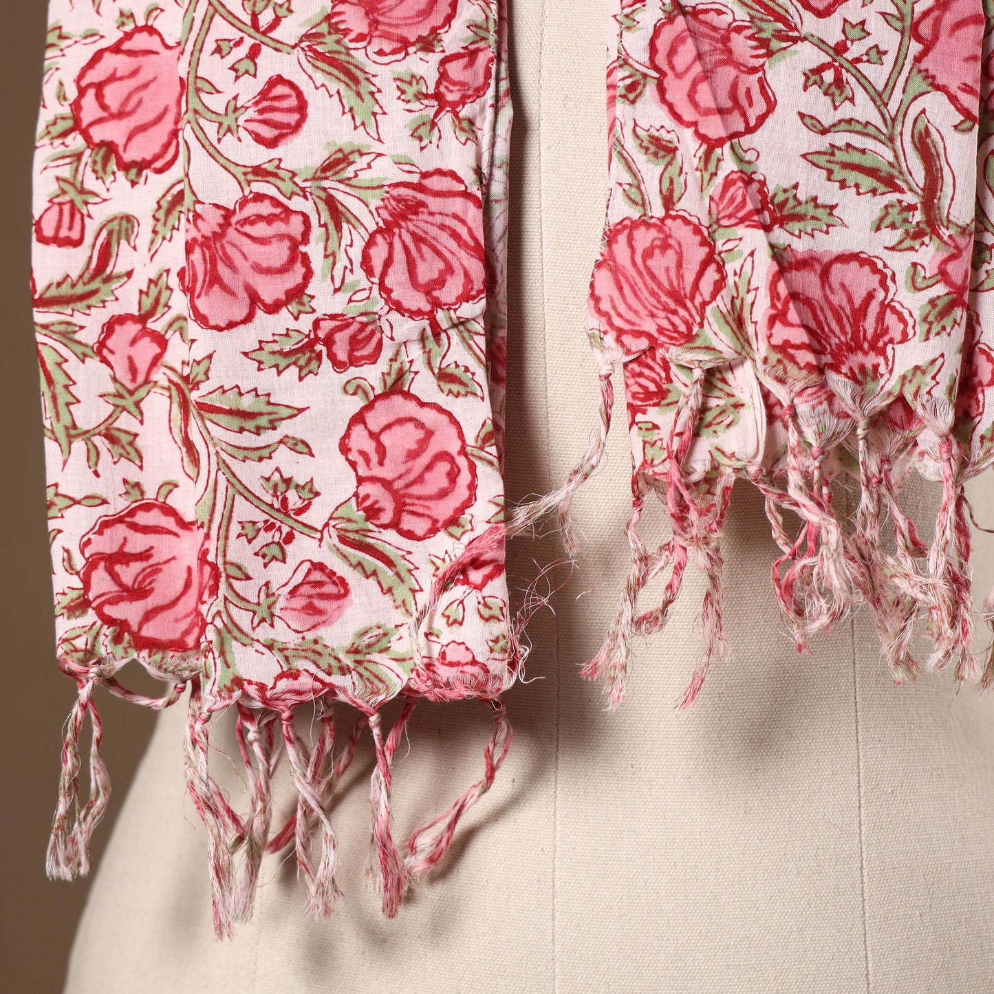 Pink - cotton sanganeri stole with tassels 11 - handcrafted