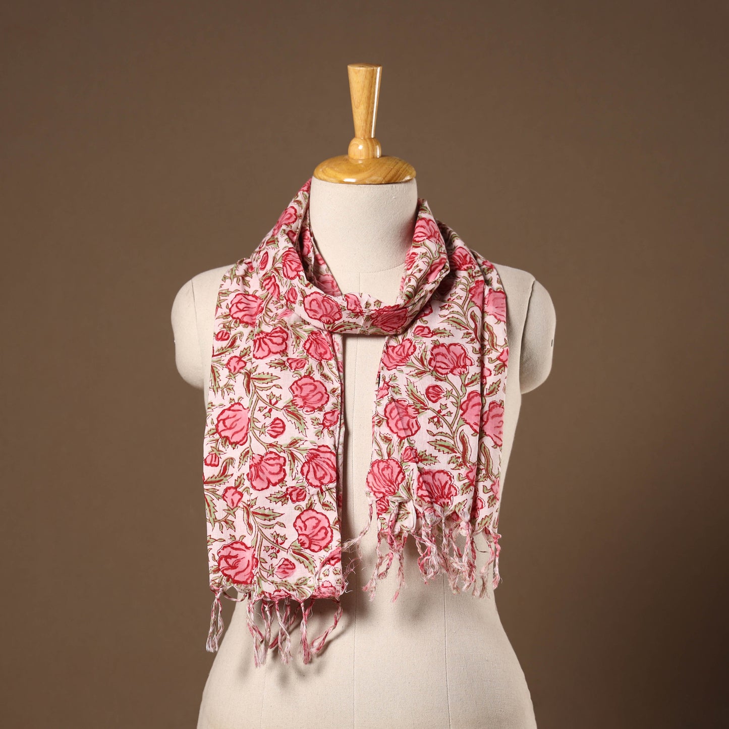 Pink - cotton sanganeri stole with tassels 11 - handcrafted