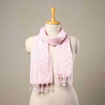  Block Print Cotton Pink Sanganeri Stole with Tassels