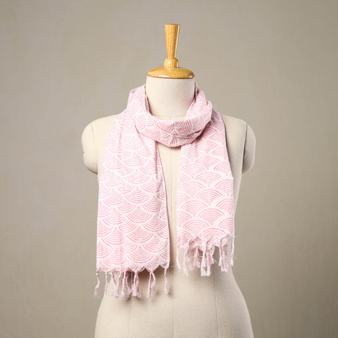 Block Print Cotton Pink Sanganeri Stole with Tassels