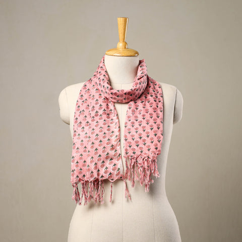  Block Print Cotton Pink Sanganeri Stole with Tassels