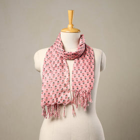  Block Print Cotton Pink Sanganeri Stole with Tassels