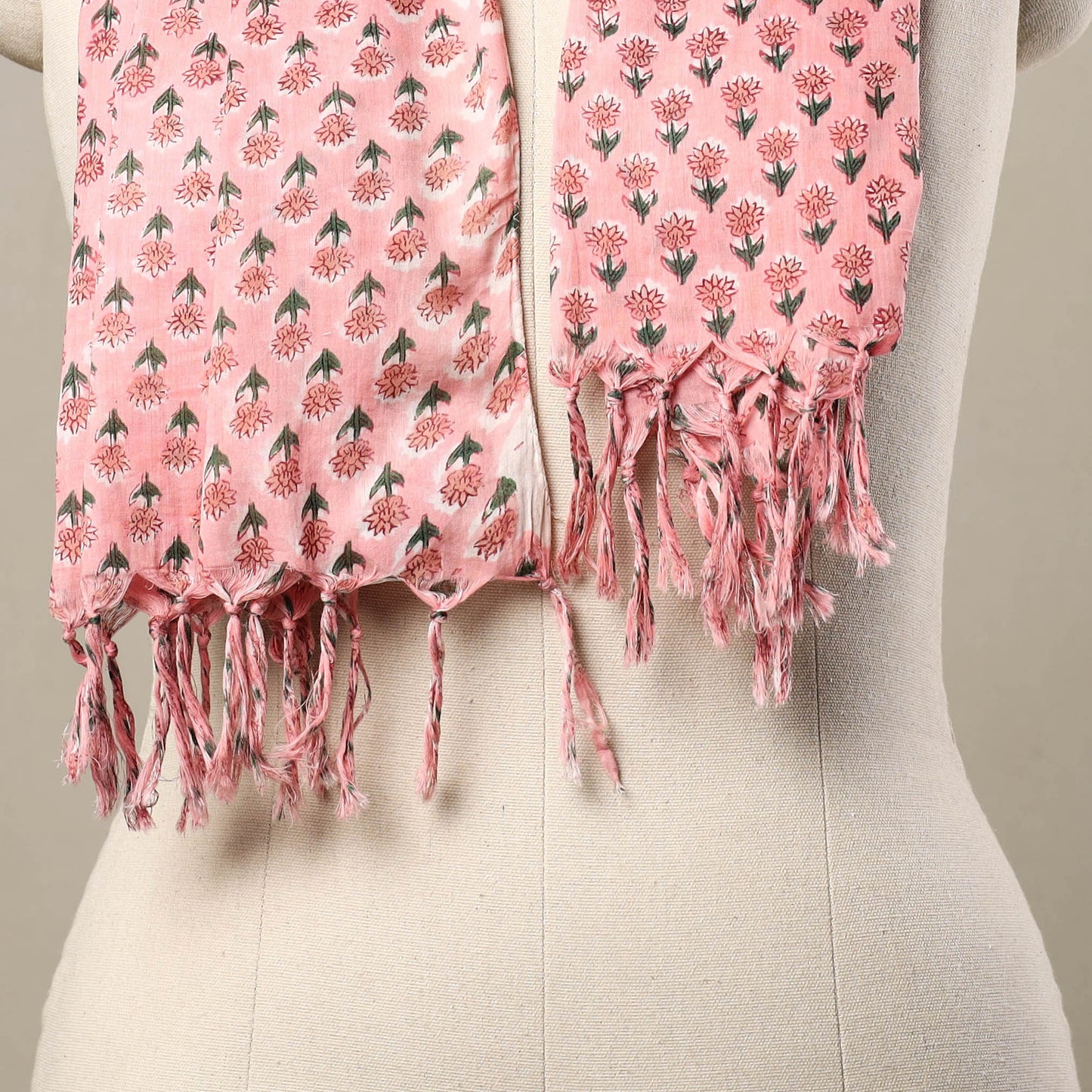 Block Print Cotton Pink Sanganeri Stole with Tassels